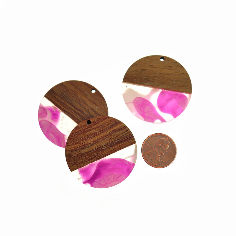 Round Natural Wood and Resin Charm 38mm - Pink Swirl - WP564