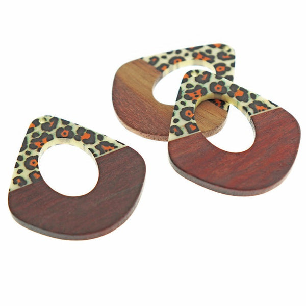Teardrop Natural Wood and Leopard Print Resin Charm 48mm - WP224