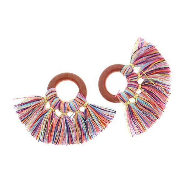 Fan Tassels - Natural Wood and Multicolor - 2 Pieces - TSP035