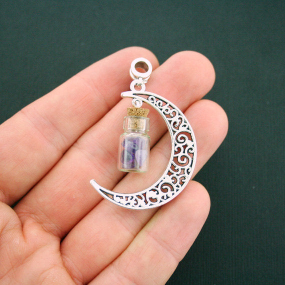 2 Natural Amethyst Crescent Moon Wish Bottle Glass Charms - GEM052