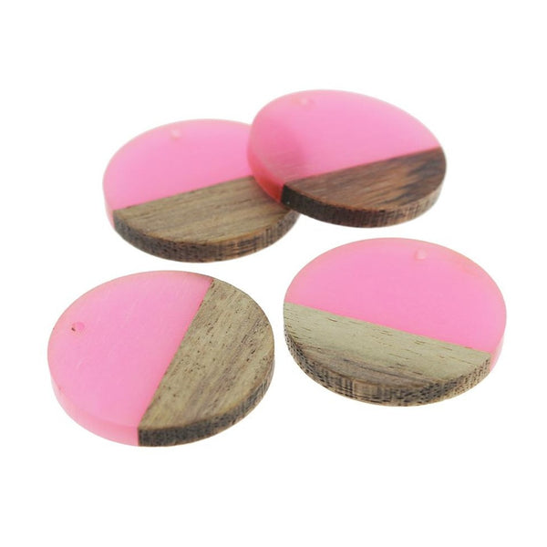 2 Round Natural Wood and Pink Resin Charms 28mm - WP051