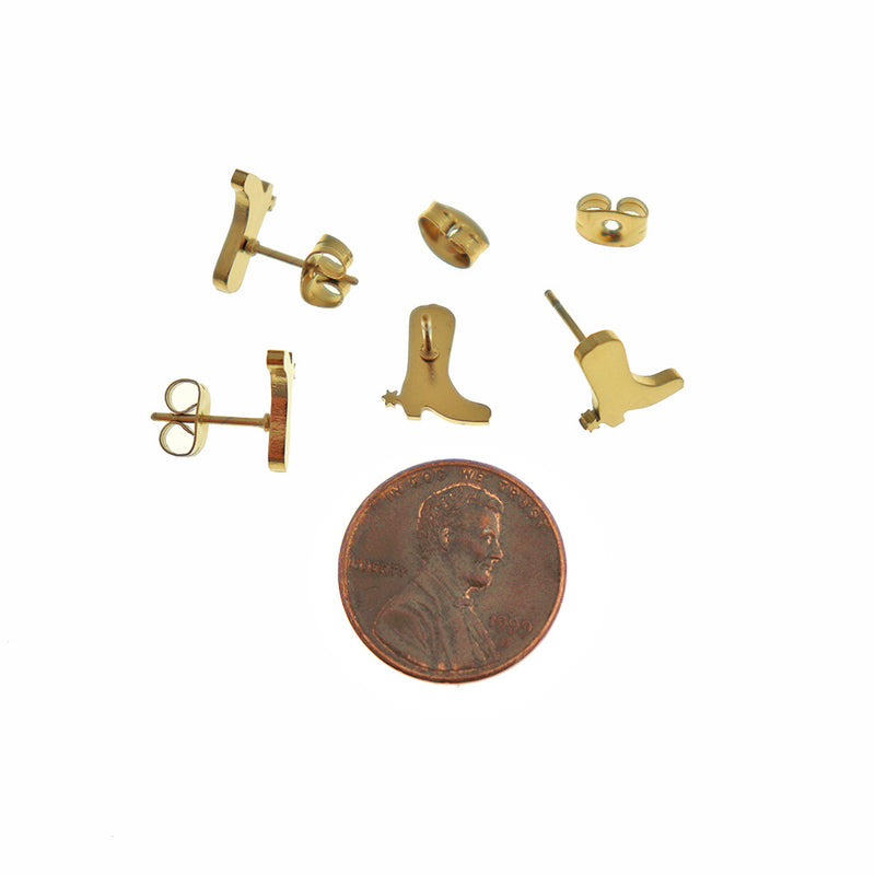 Boucles d'oreilles en acier inoxydable doré - clous de botte de cowboy - 10 mm x 9 mm - 2 pièces 1 paire - ER1004