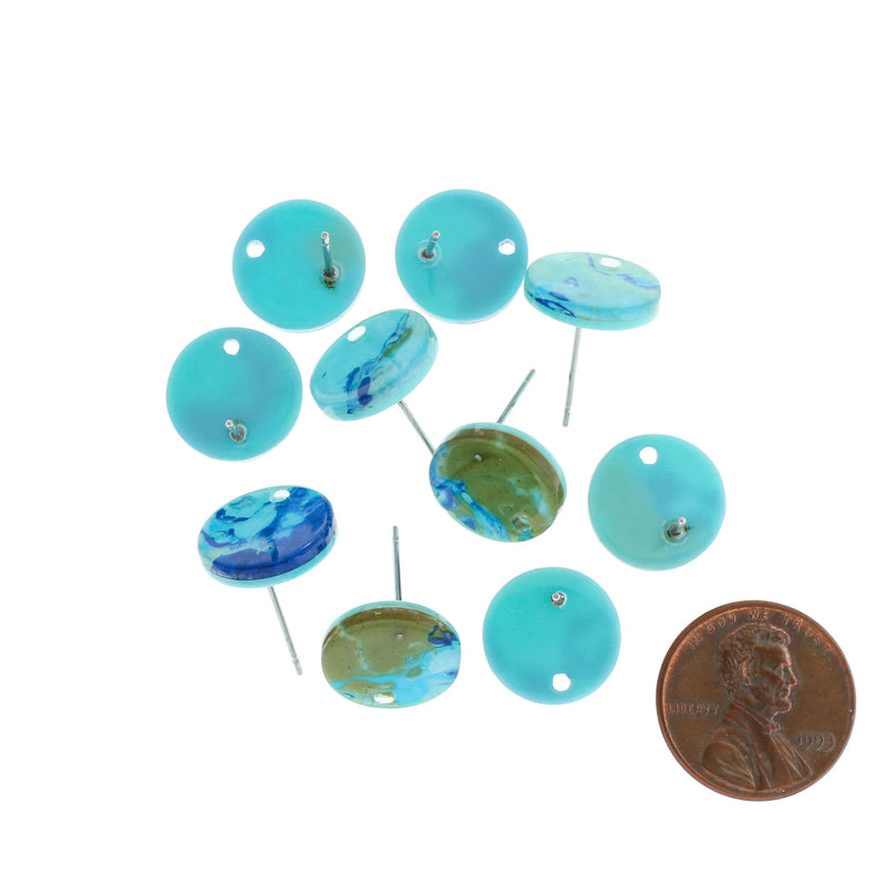Resin Stainless Steel Earrings - Ocean Blue Studs With Hole - 13mm x 2.5mm - 2 Pieces 1 Pair - ER350