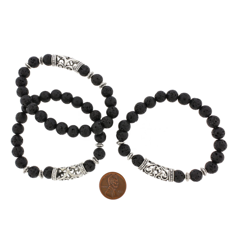 Bracelet rond en perles de lave 45 mm - Bélière argentée antique - 1 bracelet - BB155