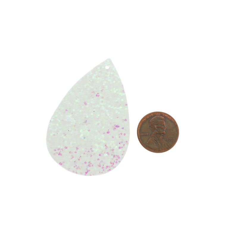 Imitation Leather Teardrop Pendants - White Sequin Glitter - 4 Pieces - LP234