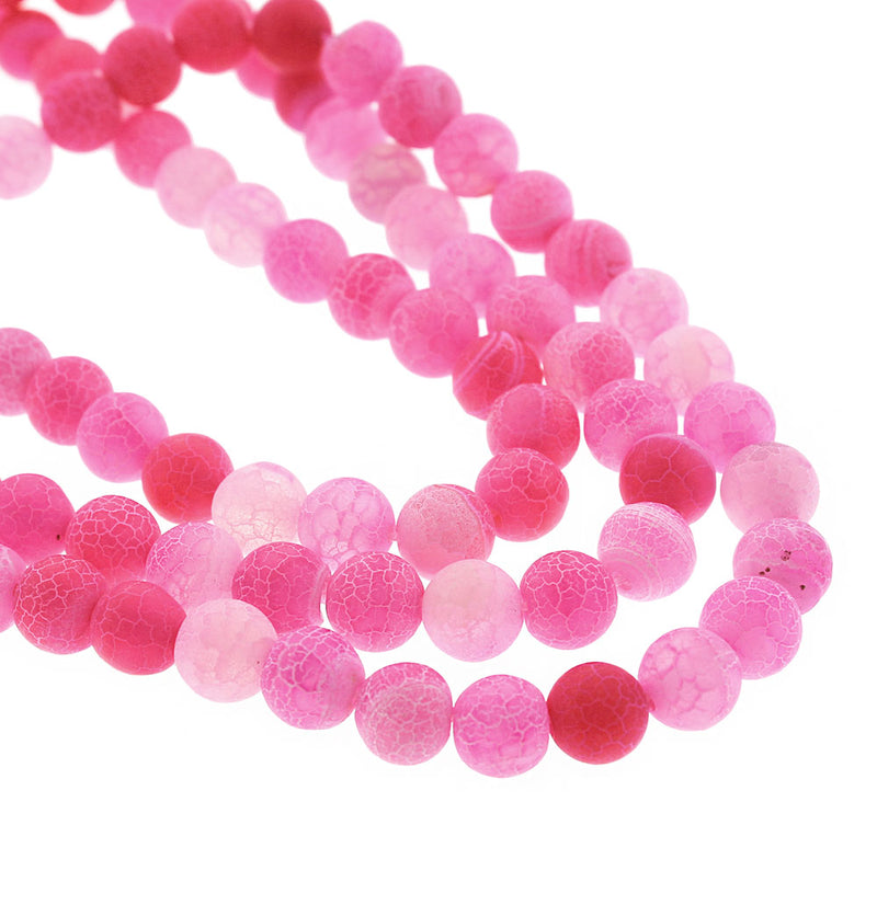 8mm Natural Agate Gemstone Beads - Fuchsia Pink Weathered Crackle Finish - Full Strand Approx 47 Beads - BD1218