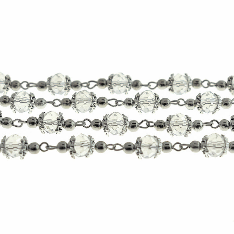 BULK Beaded Rosary Chain - 8mm Rondelle Clear Glass & Silver Tone - 3.3ft or 1m - RC042