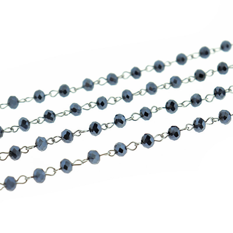 BULK Beaded Rosary Chain - 6mm Rondelle Black Glass & Silver Tone - 3.3ft or 1m - RC035