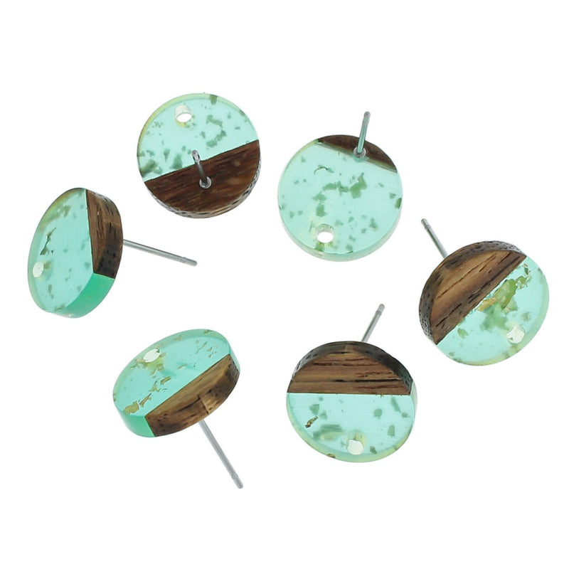 Wood Stainless Steel Earrings - Turquoise and Gold Resin Round Studs - 14mm - 2 Pieces 1 Pair - ER275