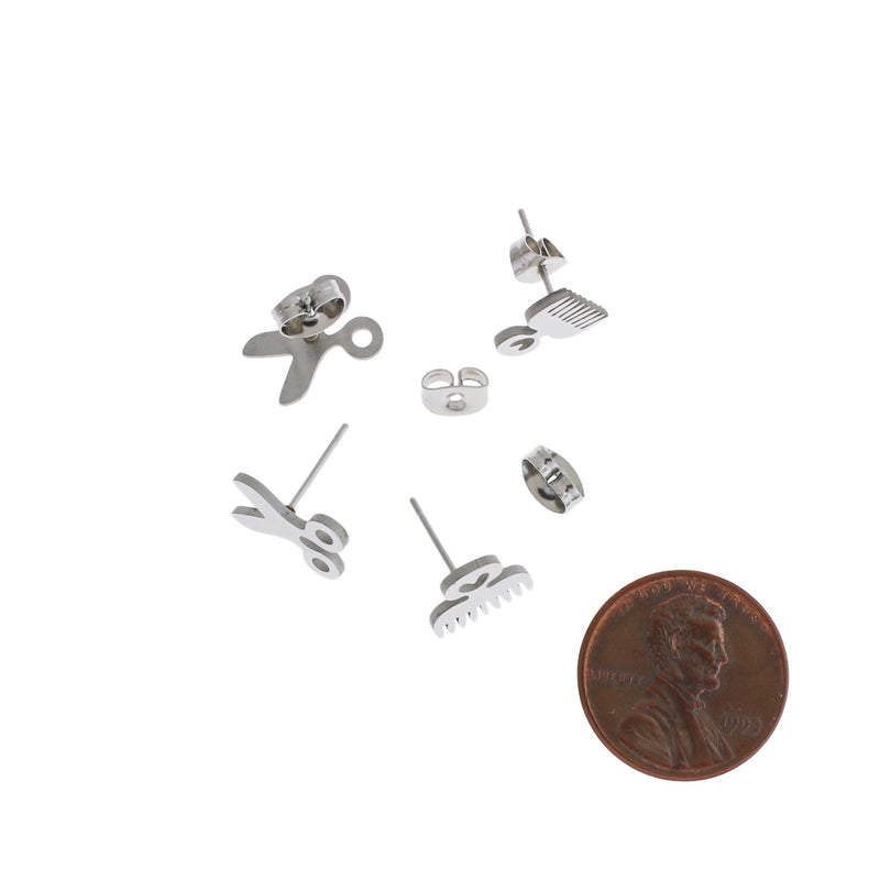 Stainless Steel Earrings - Hair Comb and Scissor Studs - 10mm x 9mm - 2 Pieces 1 Pair - ER368