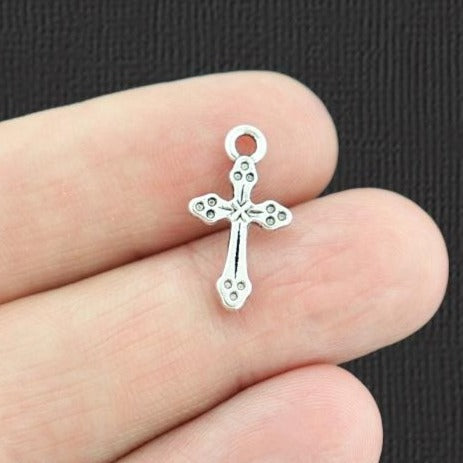 20 Cross Antique Silver Tone Charms 2 Sided - SC4393