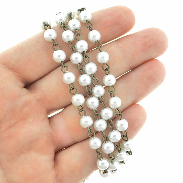 BULK Beaded Rosary Chain - 6mm White Pearl Glass & Antique Bronze Tone - 3.3ft or 1m - RC033