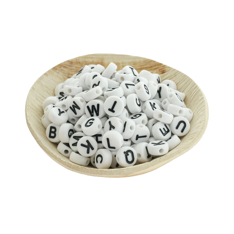Flat Round Alphabet Acrylic Beads 10mm - Black Assorted Letters - 50 Beads - BD2668
