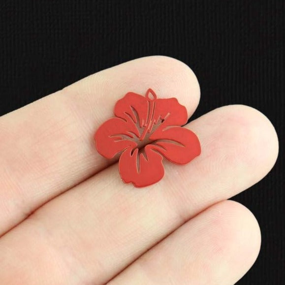 6 breloques filigrane fleur tropicale rouge émail cuivre 2 faces - E1465
