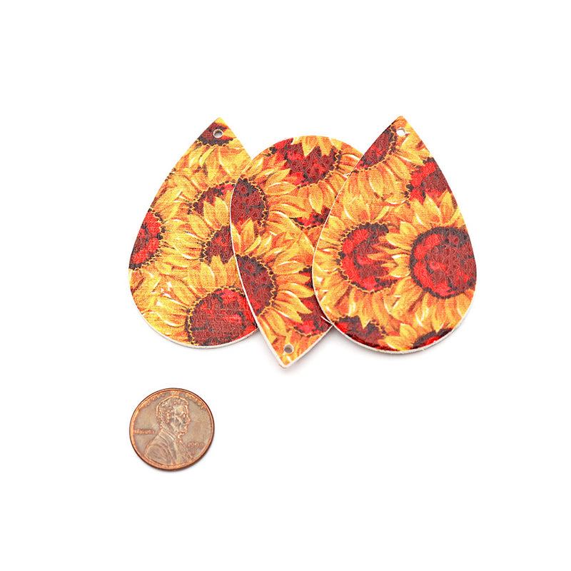 Imitation Leather Teardrop Pendants - Sunflower Floral - 4 Pieces - LP054
