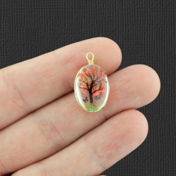 2 Orange Tree of Life Pressed Flower Glass Pendants - Z1442