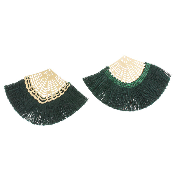 Filigree Fan Tassels - Gold Tone and Forest Green - 2 Pieces - TSP138