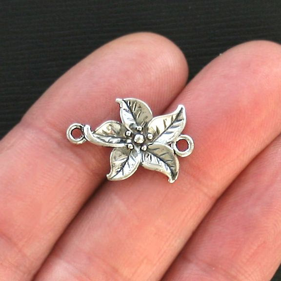 4 Poinsettia Antique Silver Tone Charms - XC009