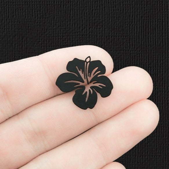 6 Filigree Tropical Flower Black Enamel Copper Charms 2 Sided - E1464