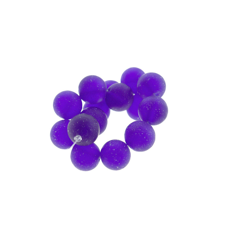Perles rondes en verre de mer de culture 14 mm - Bleu royal givré - 1 rang 15 perles - U216