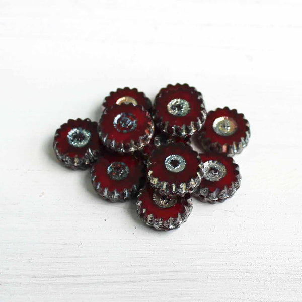 Daisy Coin Czech Pressed Glass Beads 12mm - Picasso Burgundy - 6 Beads - CB062