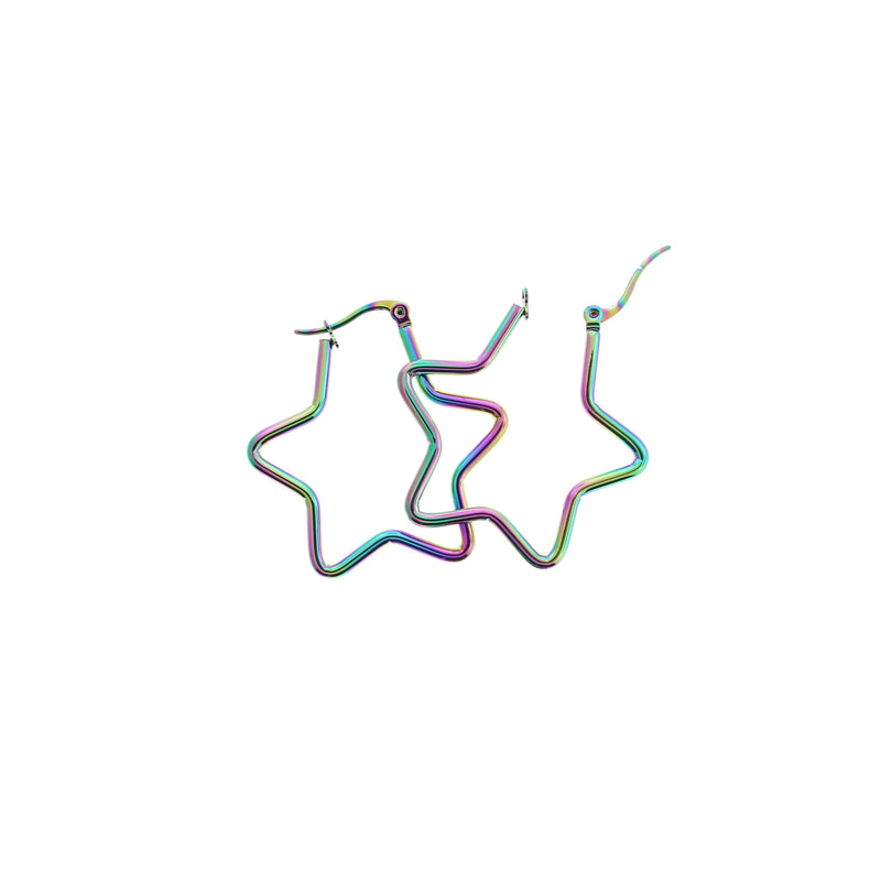 Star Hoop Earrings - Rainbow Electroplated Stainless Steel - Lever Back 36mm - 2 Pieces 1 Pair - Z156