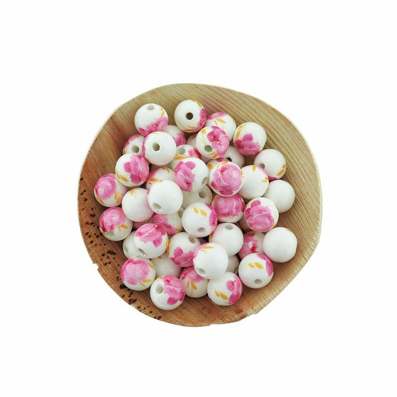 Round Ceramic Beads 12mm - Pink and White Floral - 10 Beads - BD233