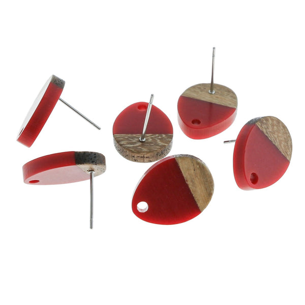 Wood Stainless Steel Earrings - Red Resin Teardrop Studs - 17mm x 13mm - 2 Pieces 1 Pair - ER294