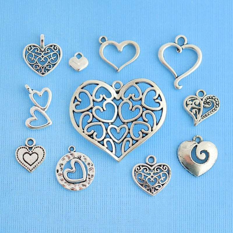 Heart Charm Collection Antique Silver Tone 11 Different Charms - COL008