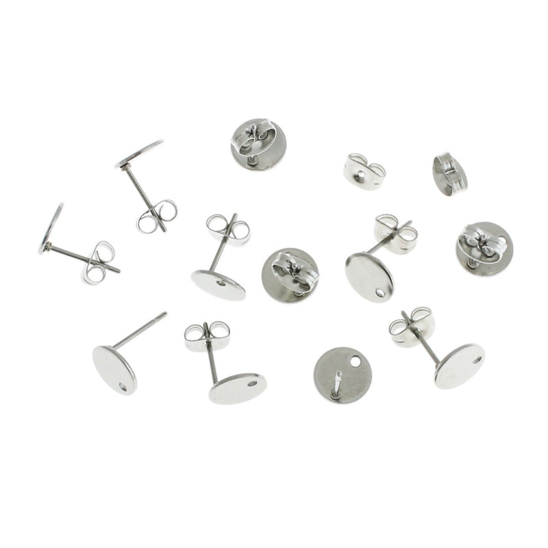 Stainless Steel Earrings - Round Stud Bases - 8mm x 1mm - 10 Pieces 5 Pairs - ER228