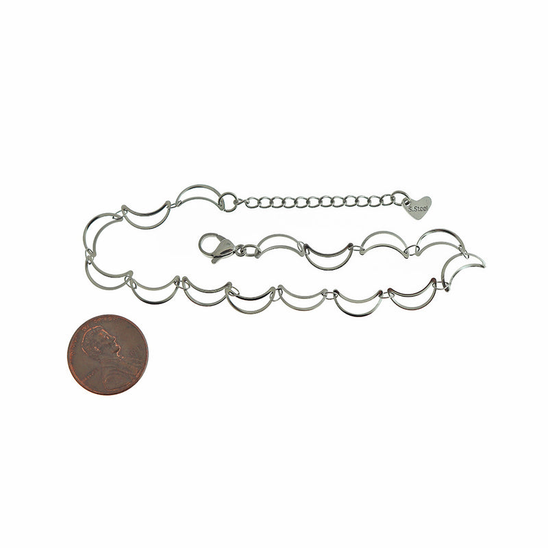 Stainless Steel Crescent Moon Chain Bracelet 8" Plus Extender - 3mm - 1 Bracelet - N093