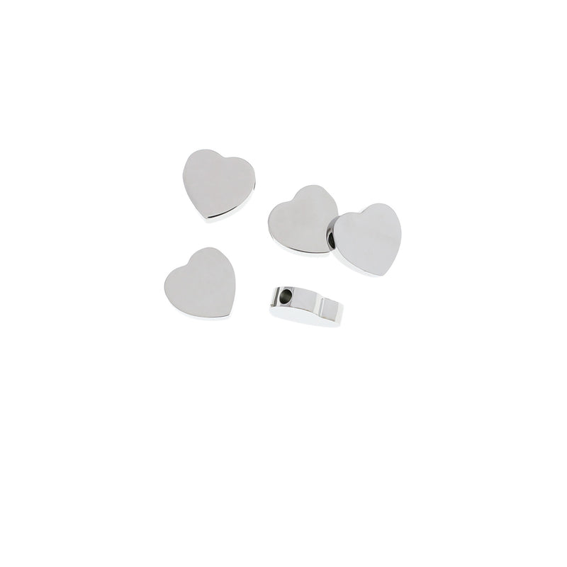 Heart Stainless Steel Spacer Beads 10mm x 10mm - Silver Tone - 5 Beads - MT413