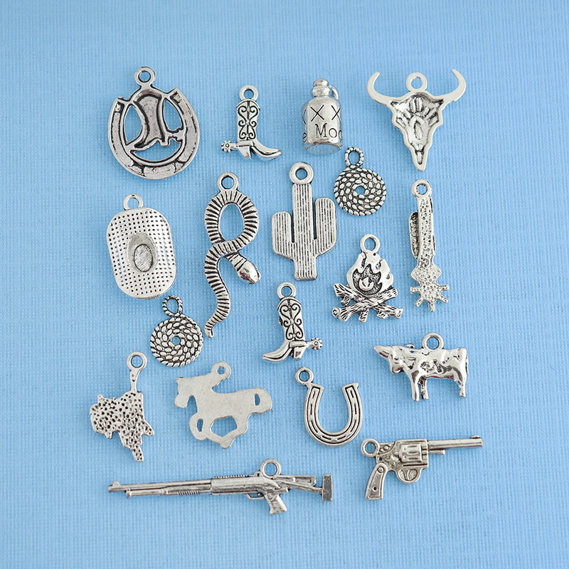 Deluxe Cowboy Charm Collection Antique Silver Tone 18 Charms - COL267