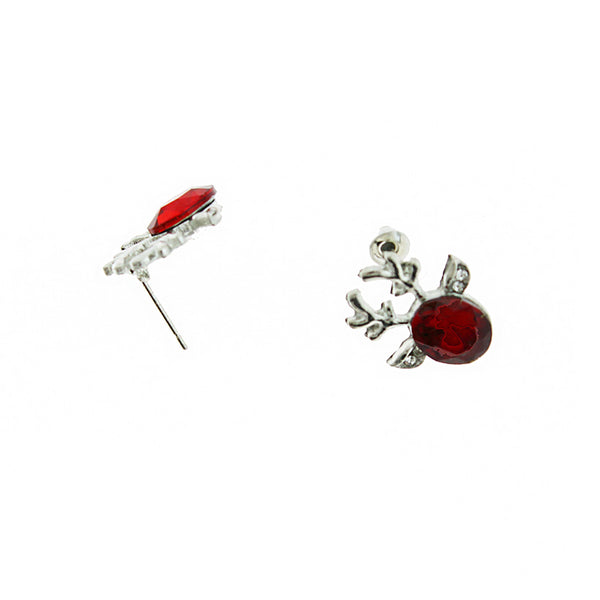 Red Reindeer Rhinestone Earrings - Silver Tone Stud - 2 Pieces 1 Pair - Z1620