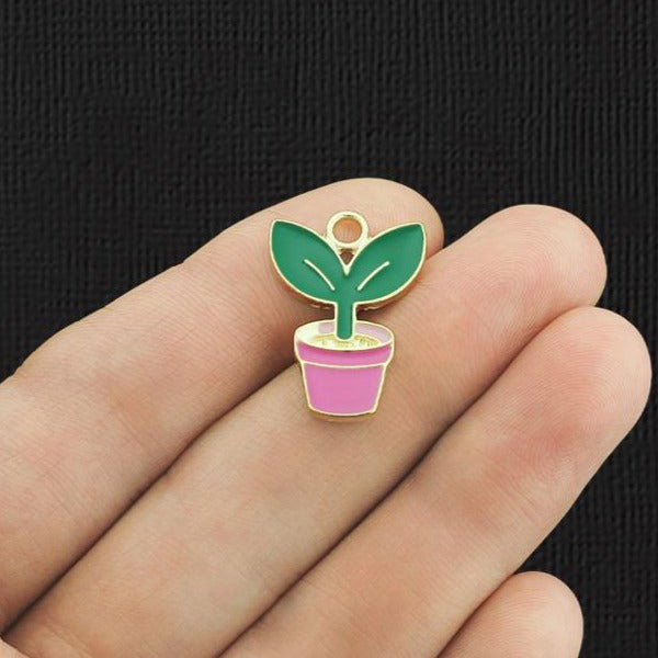 4 Potted Plant Gold Tone Enamel Charms - E1164