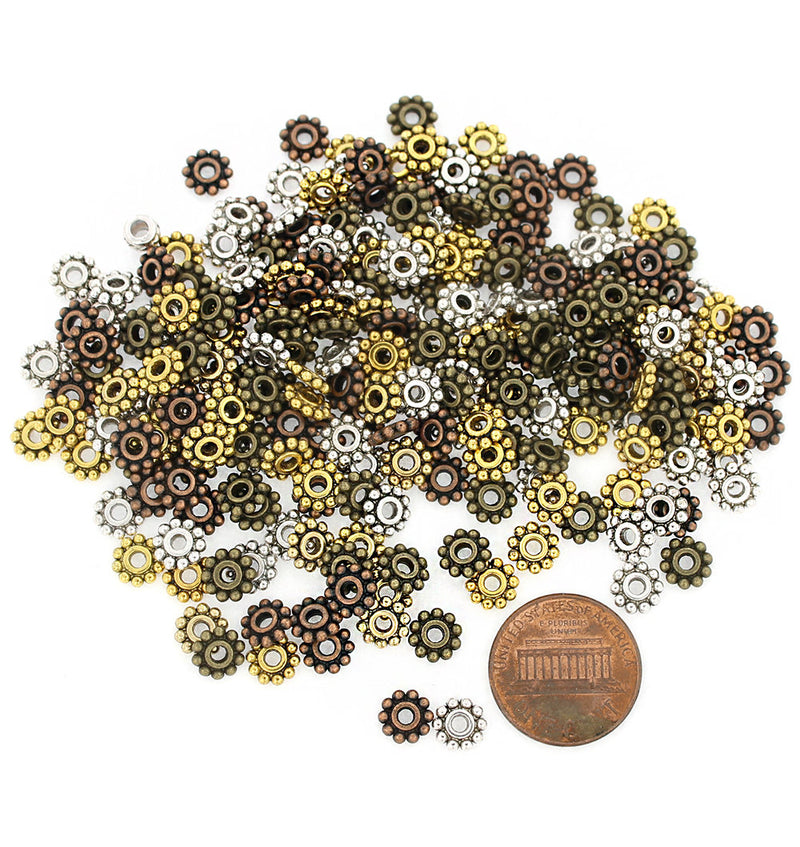 Daisy Spacer Beads 6.5mm x 6.5mm - Assorted Silver, Bronze, Copper and Gold Tone - 50 Beads - FD384