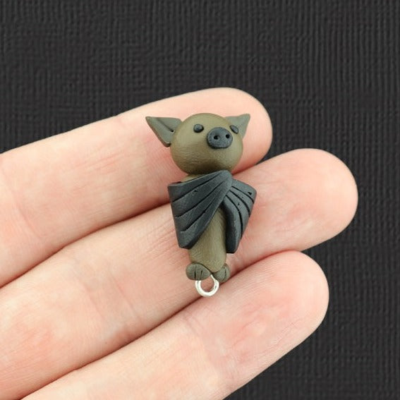 2 breloques en pâte polymère chauve-souris brune 3D - K146