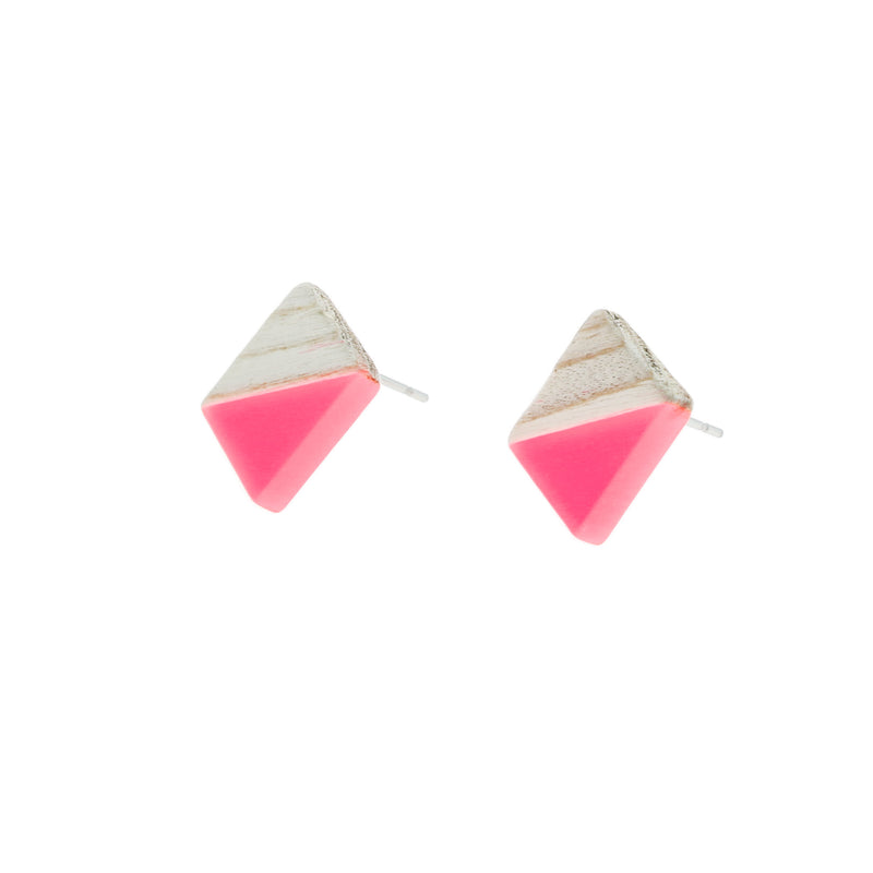 Wood Stainless Steel Earrings - Pink Resin Rhombus Studs - 18mm x 17mm - 2 Pieces 1 Pair - ER151