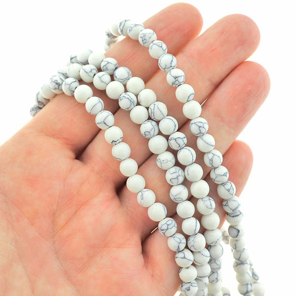 Round Imitation Howlite Beads 6mm - White with Grey Marble - 1 Strand 67 Beads - BD1952