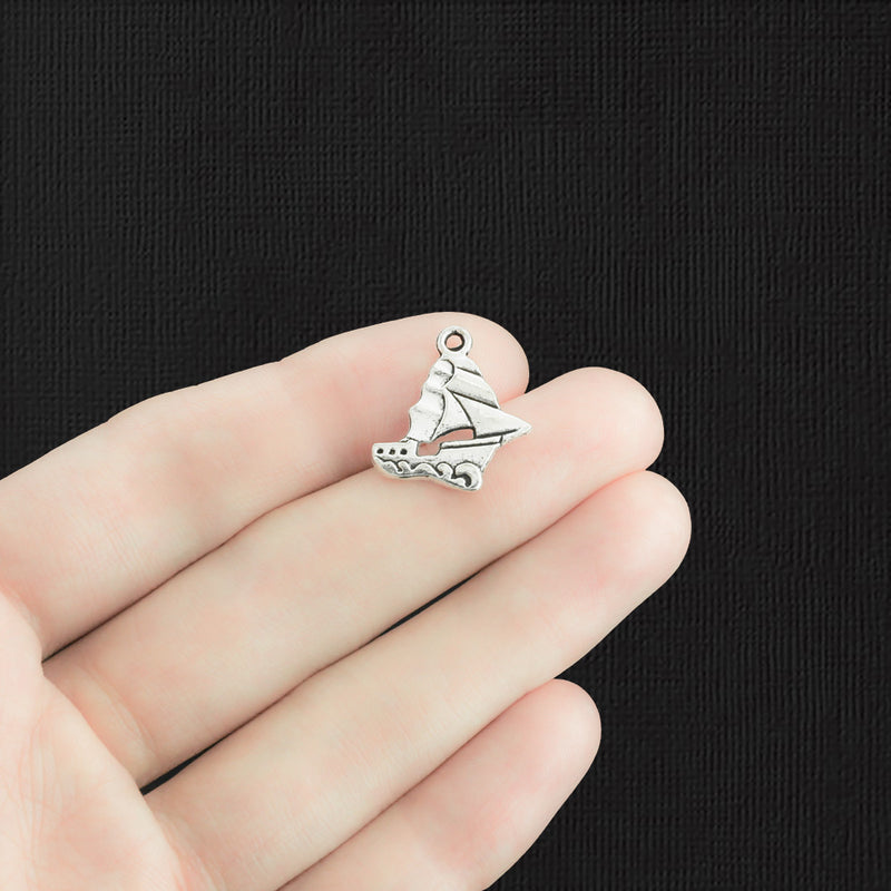 6 Sail Boat Antique Silver Tone Charms 2 Sided - SC1613