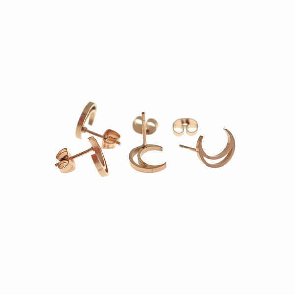 Rose Gold Tone Stainless Steel Earrings - Crescent Moon Outline Studs - 10mm x 8mm - 2 Pieces 1 Pair - ER978