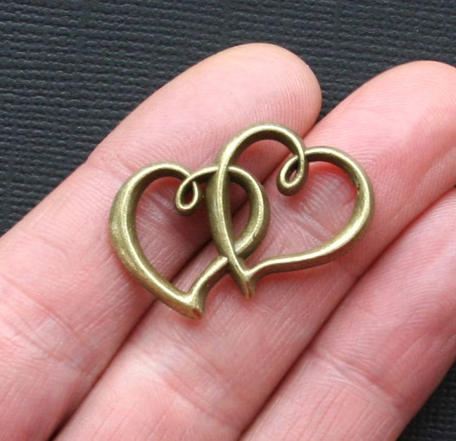 5 Double Heart Connector Antique Bronze Tone Charms 2 Sided - BC828