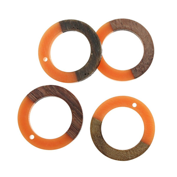 2 Round Natural Wood and Orange Resin Charms 28mm - WP054