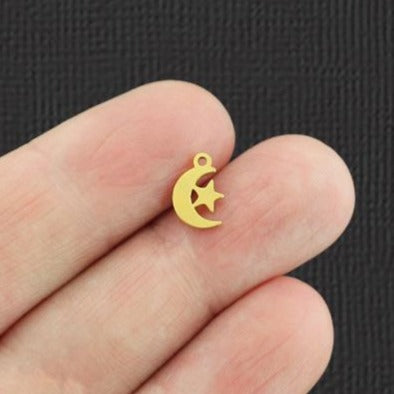 2 Moon and Star Gold Tone Stainless Steel Charms 2 Sided - SSP098
