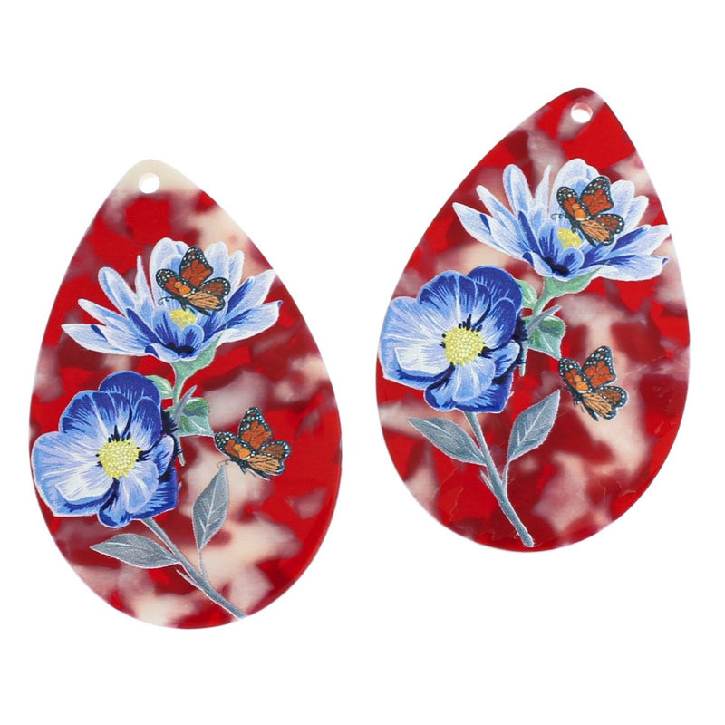 2 Teardrop Floral Butterfly Acrylic Charms - K007