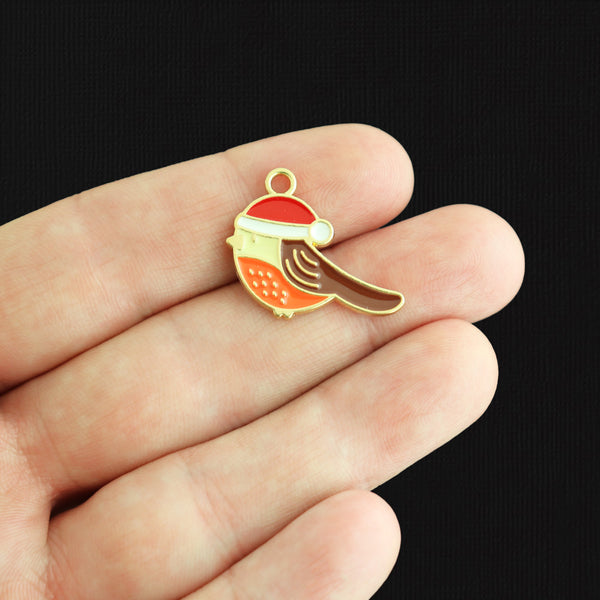2 Robin with Winter Hat Connector Gold Tone Enamel Charms - E1083
