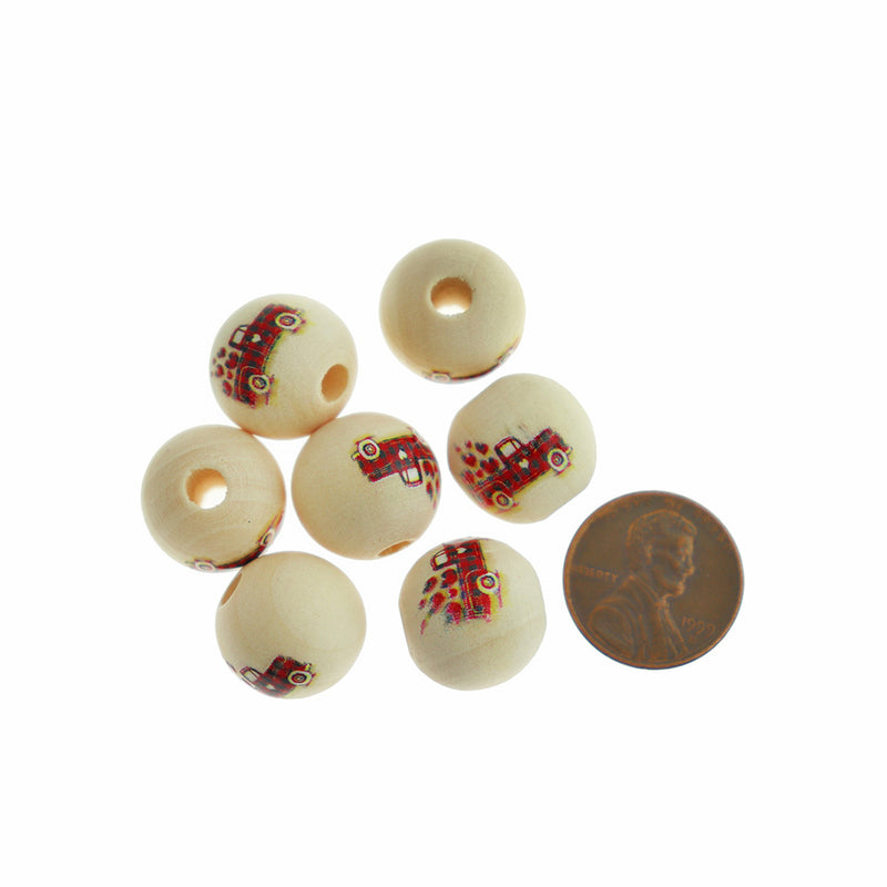 Round Wooden Beads 16mm - Plaid Truck - 10 Beads - BD2812
