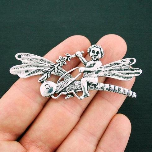 Fairy Dragonfly Connector Antique Silver Tone Charms 2 Sided - SC6163