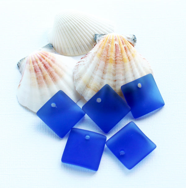 2 Blue Curved Square Cultured Sea Glass Charms - U061