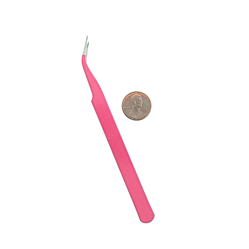 Stainless Steel Pink Enamel Curved Beading Tweezers - TL082